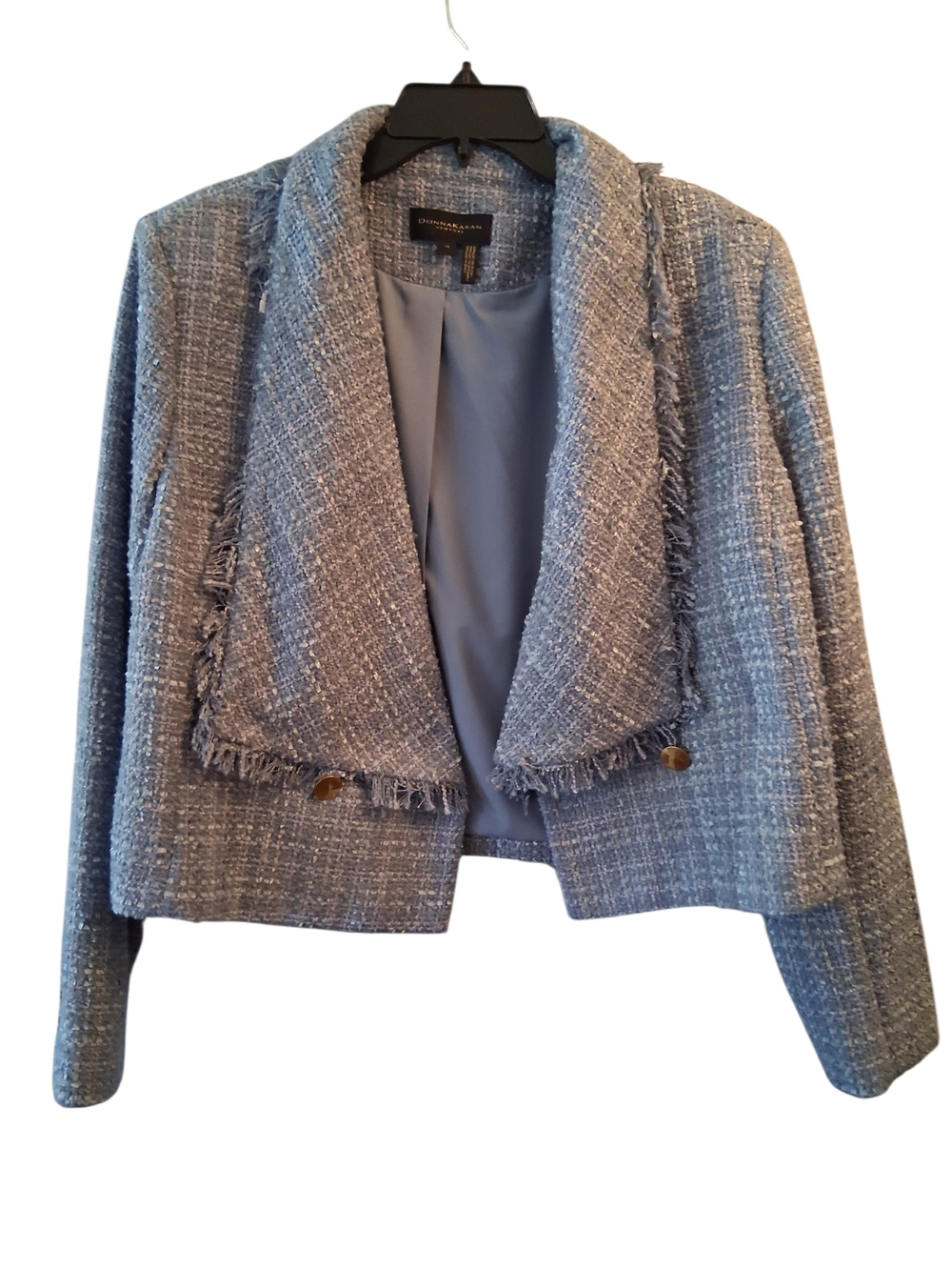 Donna Karan New York Light Blue Tweed Fringed Cropped Blazer Old Money Capsule - Picture 3 of 10